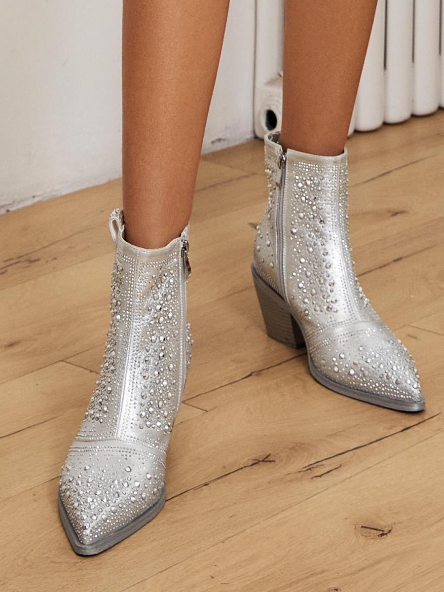 Rhinestone Low Chunky Pointed Toe Ankle Boots