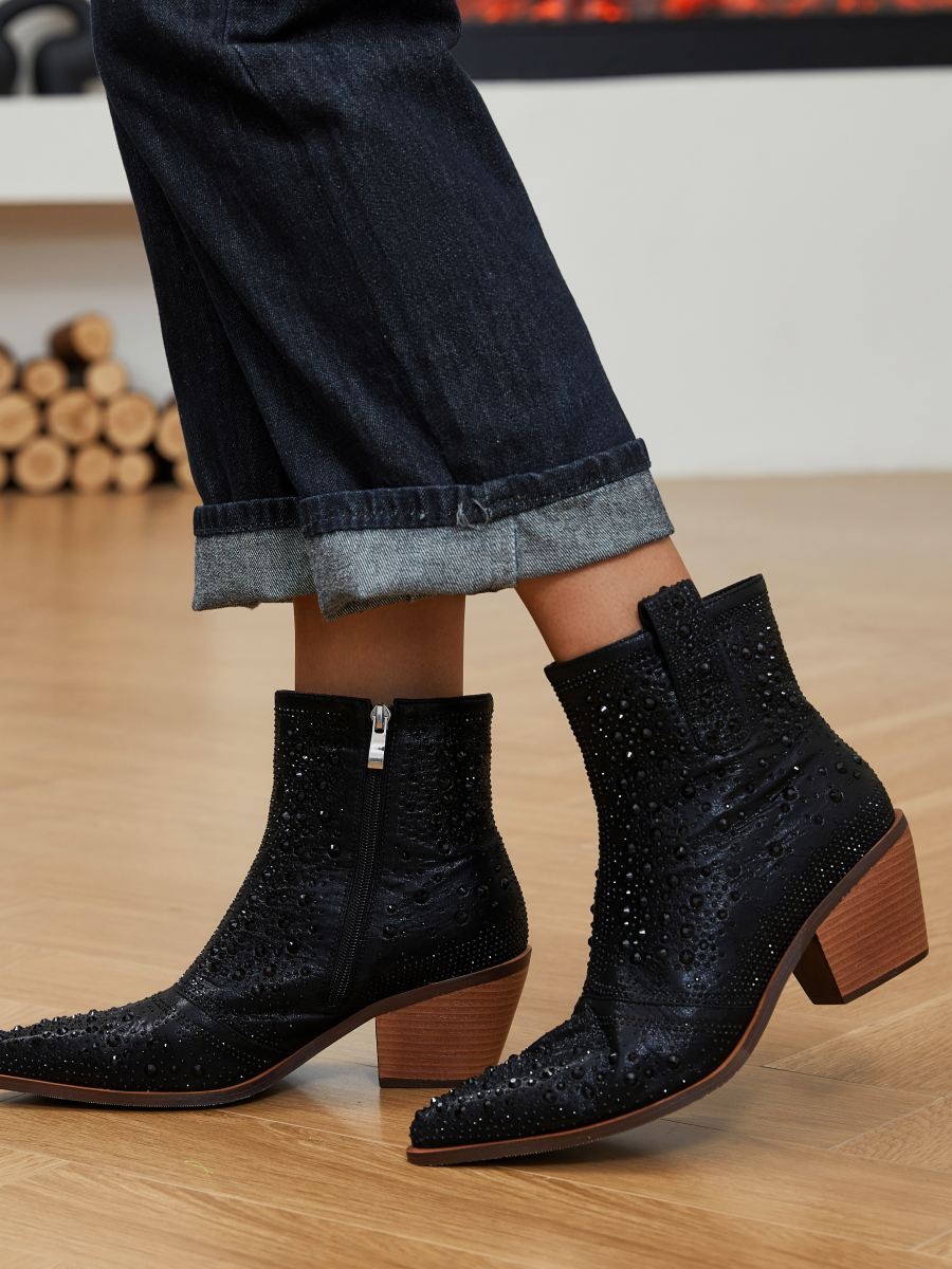 Rhinestone Low Chunky Pointed Toe Booties