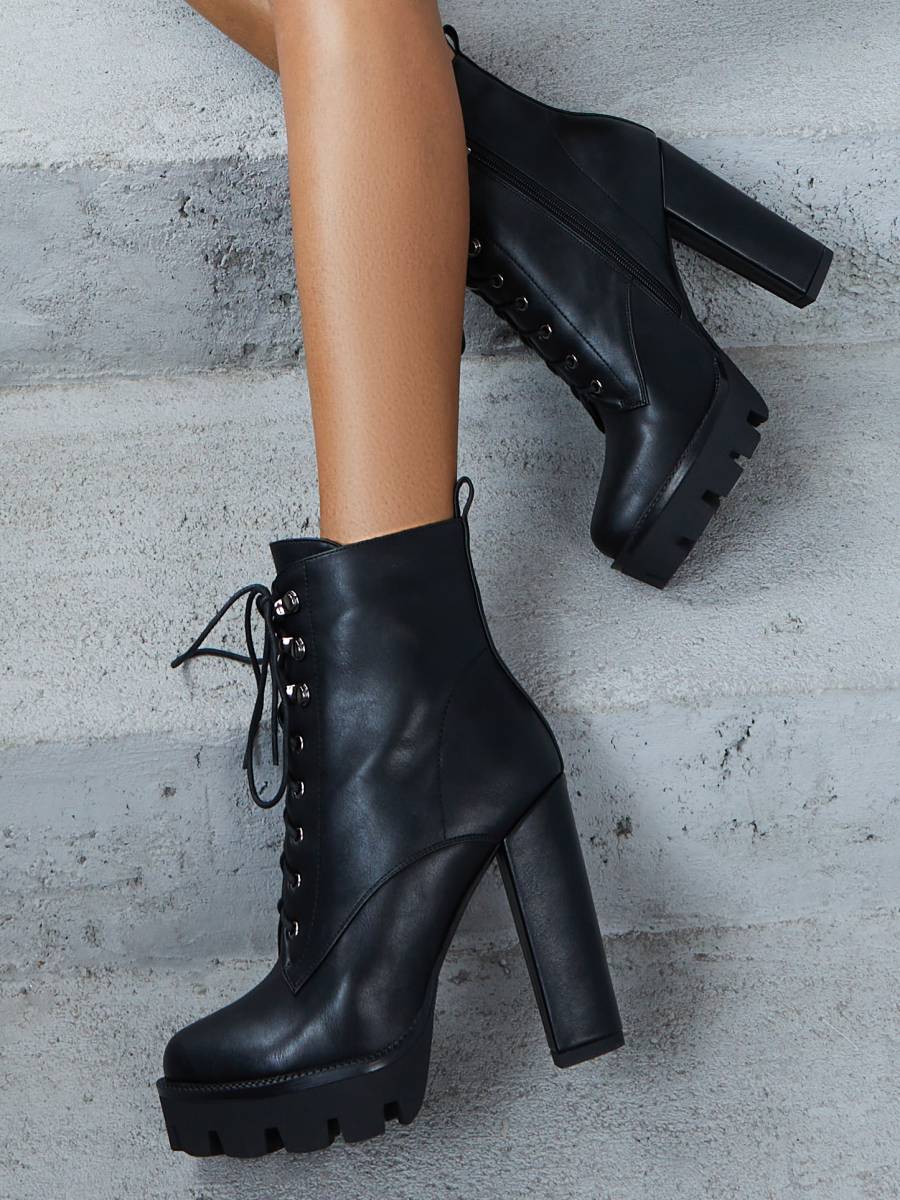 Matte Leather Platform High Heel Combat Boots