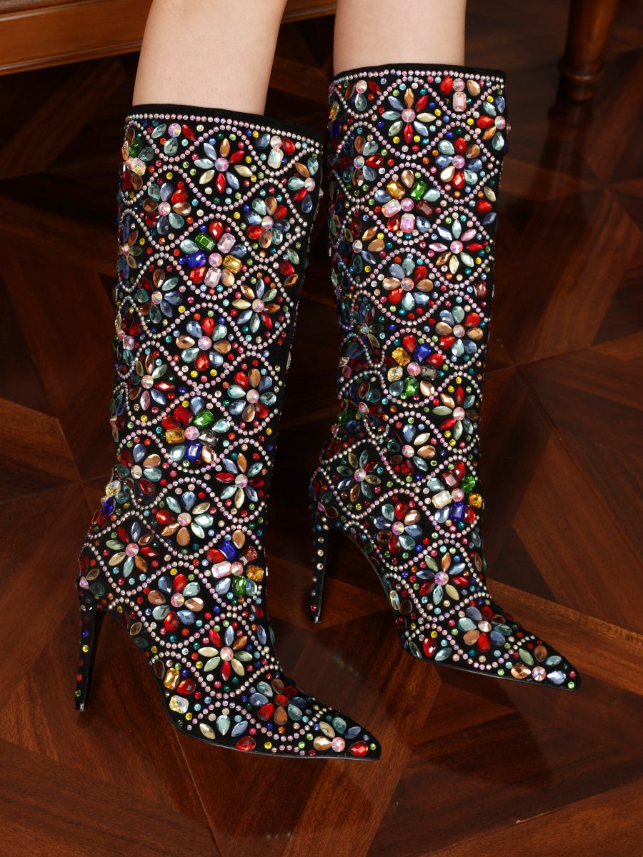Colorful Rhinestone Knee High Boots