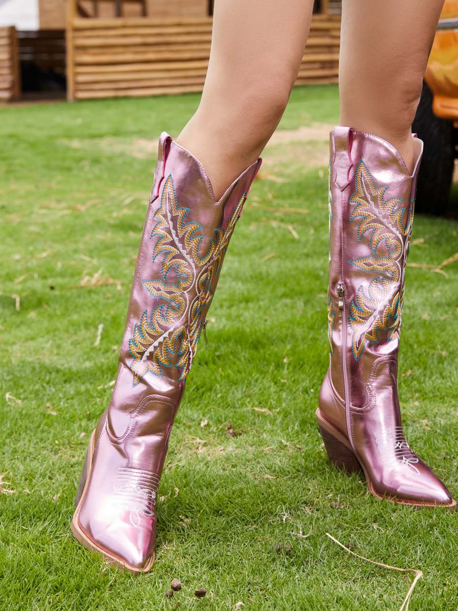 Metallic Pointed Toe Embroidered Cowgirl Boots