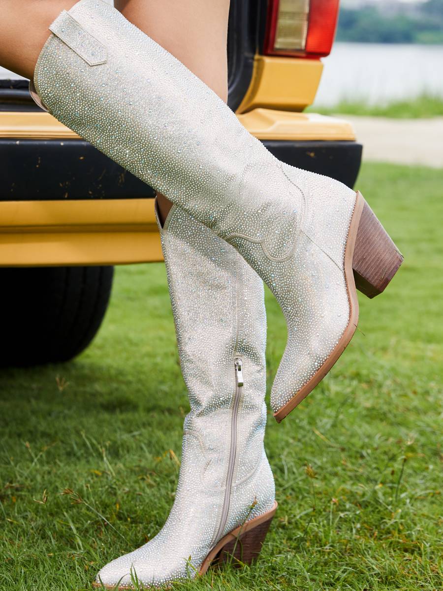 Rhinestones Pointed Toe Embroidered Cowgirl Boots