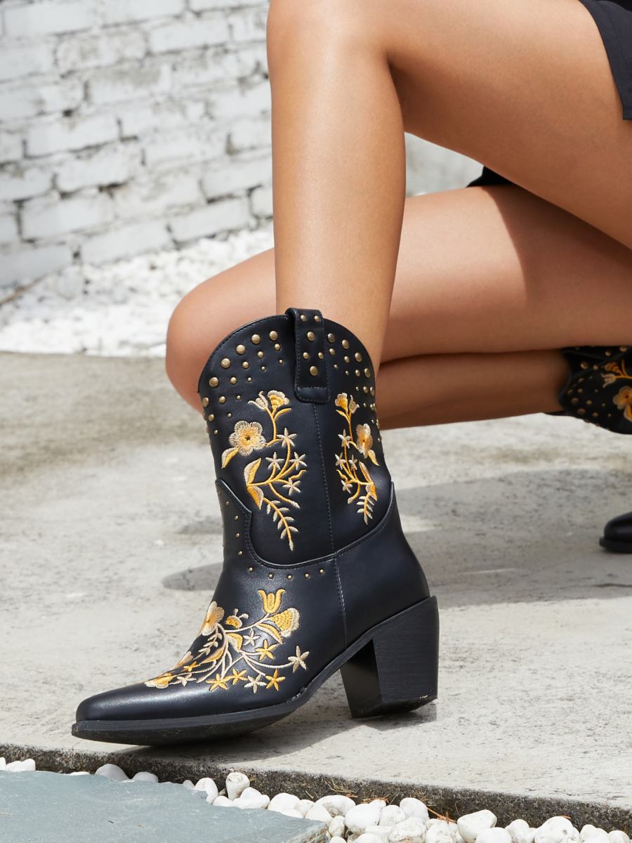 Studded Embroidered Western Boots