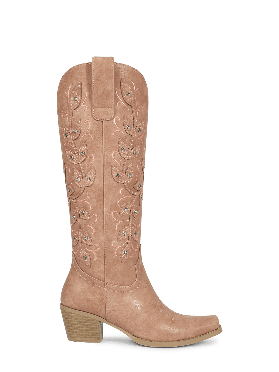 Apricot-pink-leaf-inlay-side-zipper-western-cowgirl-boots