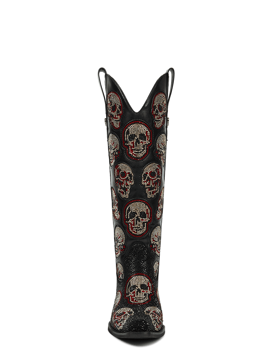 Black-leather-rhinestone-skull-knee-high-western-cowgirl-boots