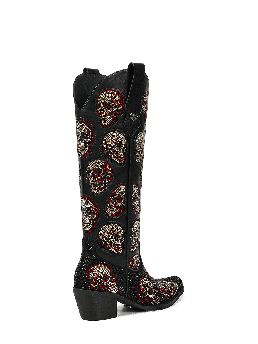 Black-leather-rhinestone-skull-mid-heel-western-cowgirl-boots