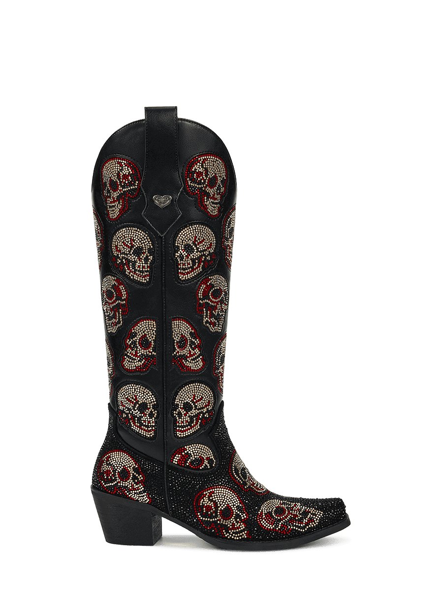 Black-leather-rhinestone-skull-pull-on-western-cowgirl-boots