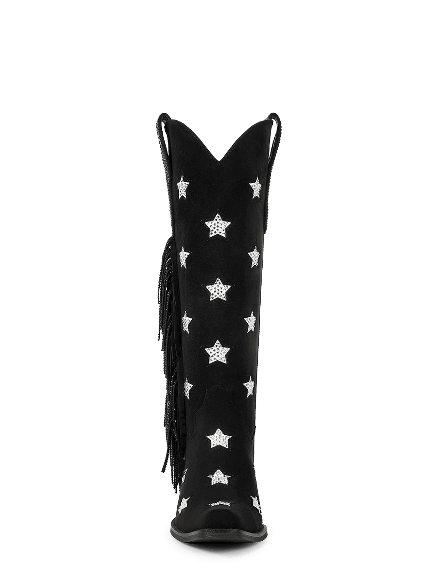 Black-rhinestone-star-single-sided-tassel-knee-high-cowgirl-boots
