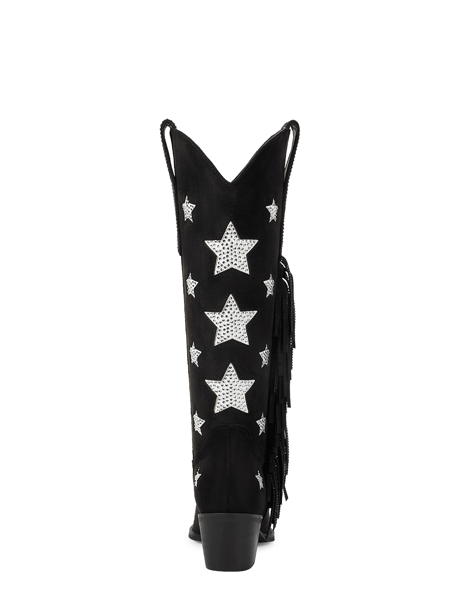 Black-rhinestone-star-single-sided-tassel-mid-heel-cowgirl-boots