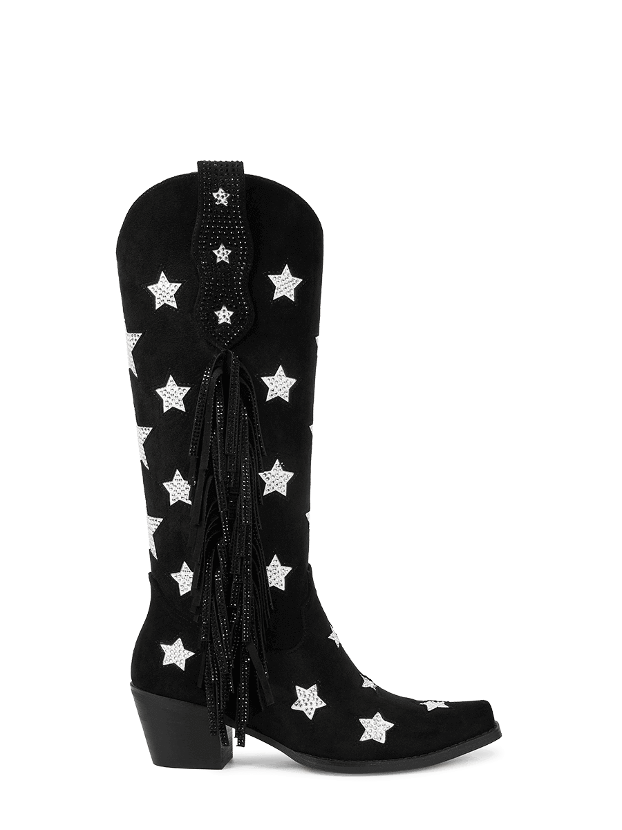 Black-rhinestone-star-single-sided-tassel-pull-on-cowgirl-boots