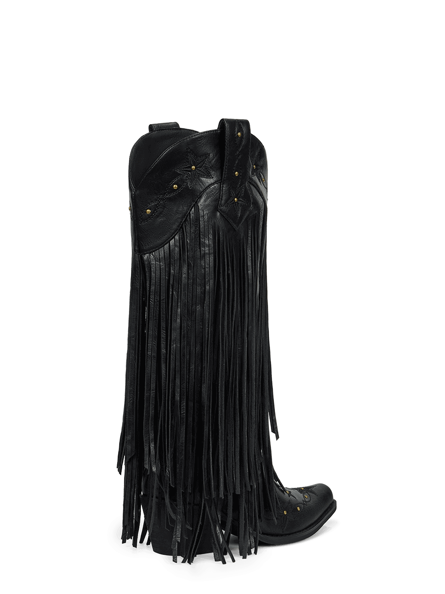 Black-studs-embroidered-star-fringe-mid-heel-cowgirl-boots