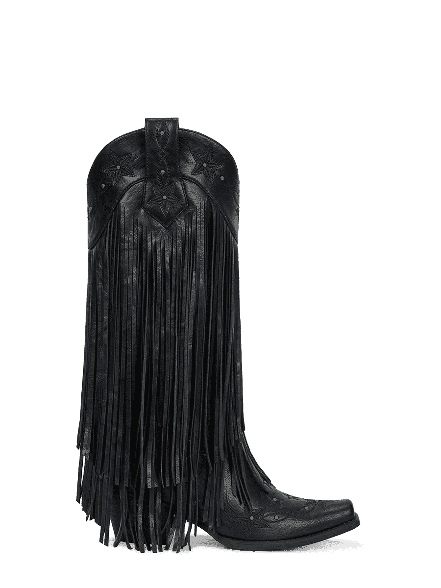 Black-studs-embroidered-star-fringe-side-zipper-cowgirl-boots