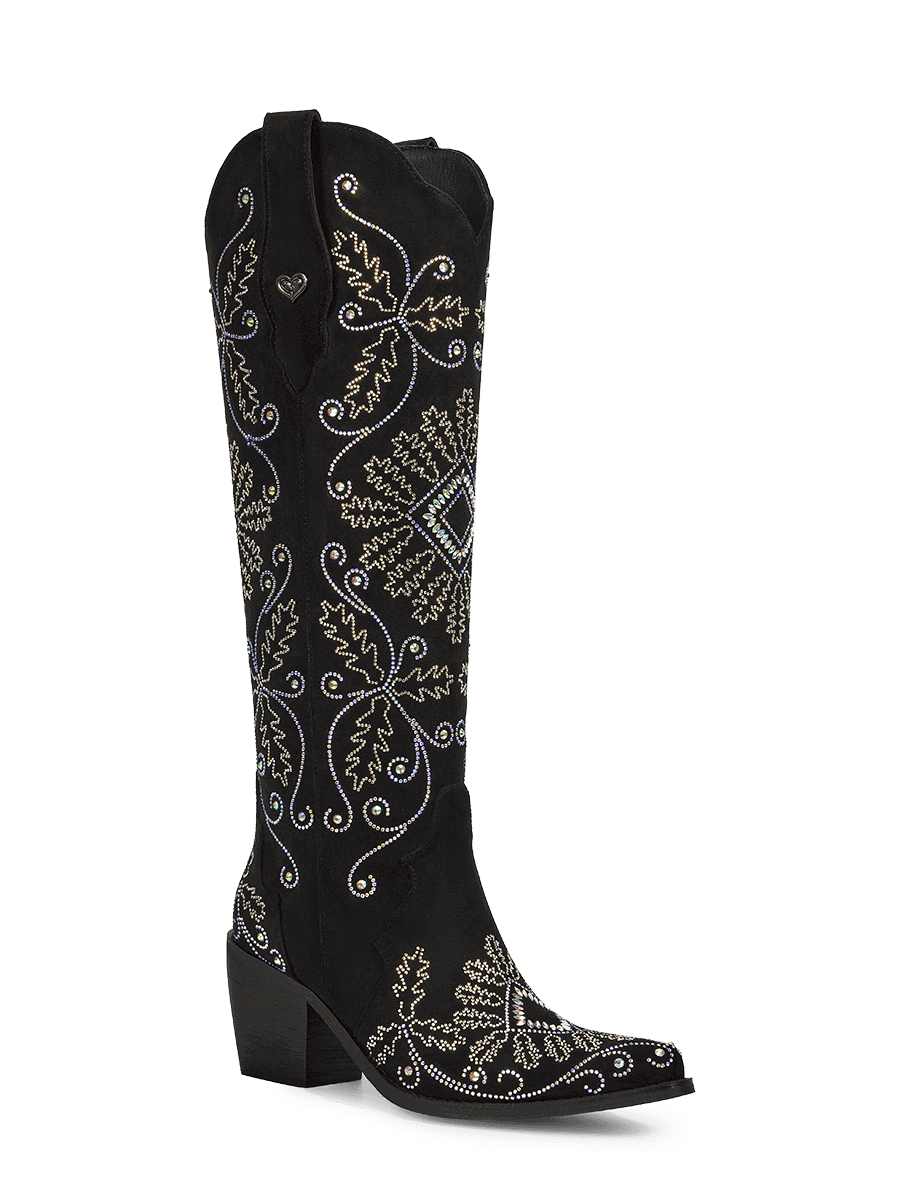 Black-suede-cross-grass-rhinestones-cowgirl-boots