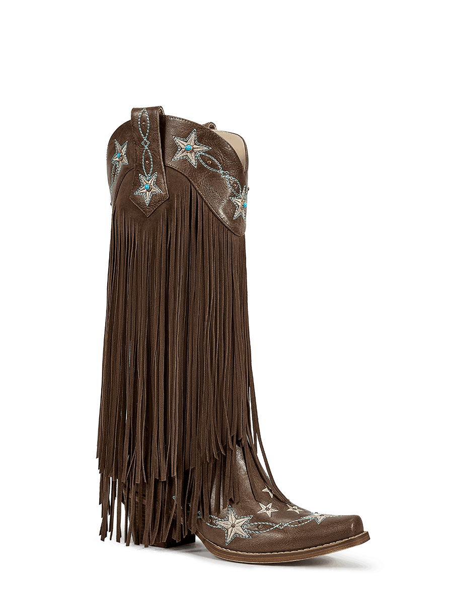 Brown-studs-embroidered-star-fringe-cowgirl-boots