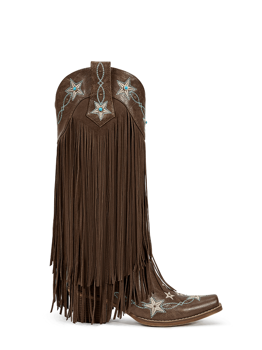 Brown-studs-embroidered-star-fringe-side-zipper-cowgirl-boots