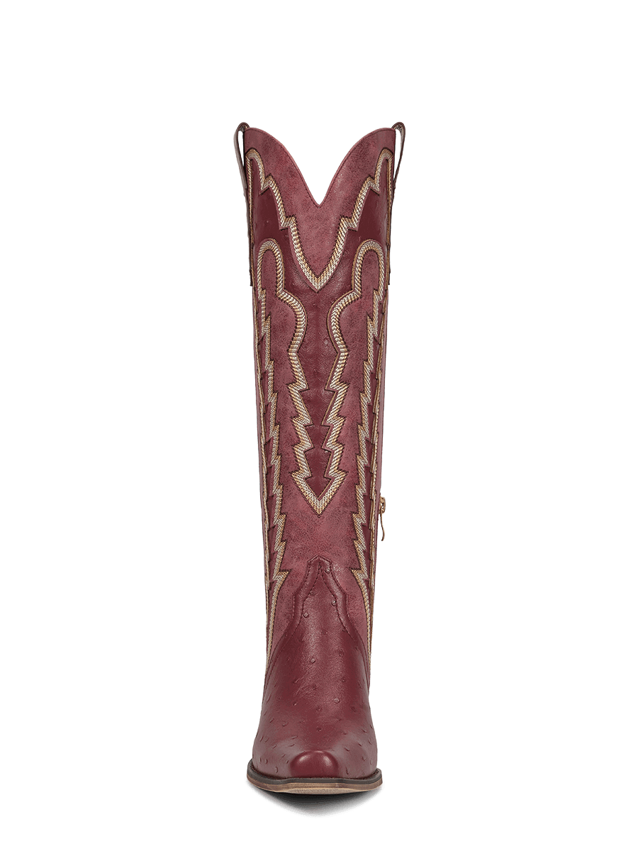 Burgundy-retro-embroidered-ostrich-leather-knee-high-boots