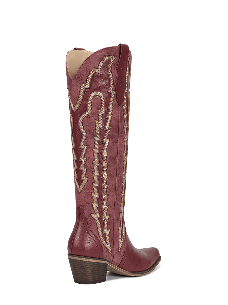 Burgundy-retro-embroidered-ostrich-leather-mid-heel-boots