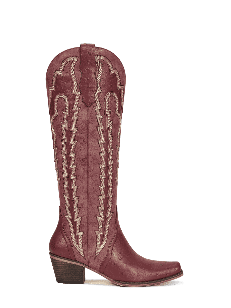 Burgundy-retro-embroidered-ostrich-leather-side-zipper-boots