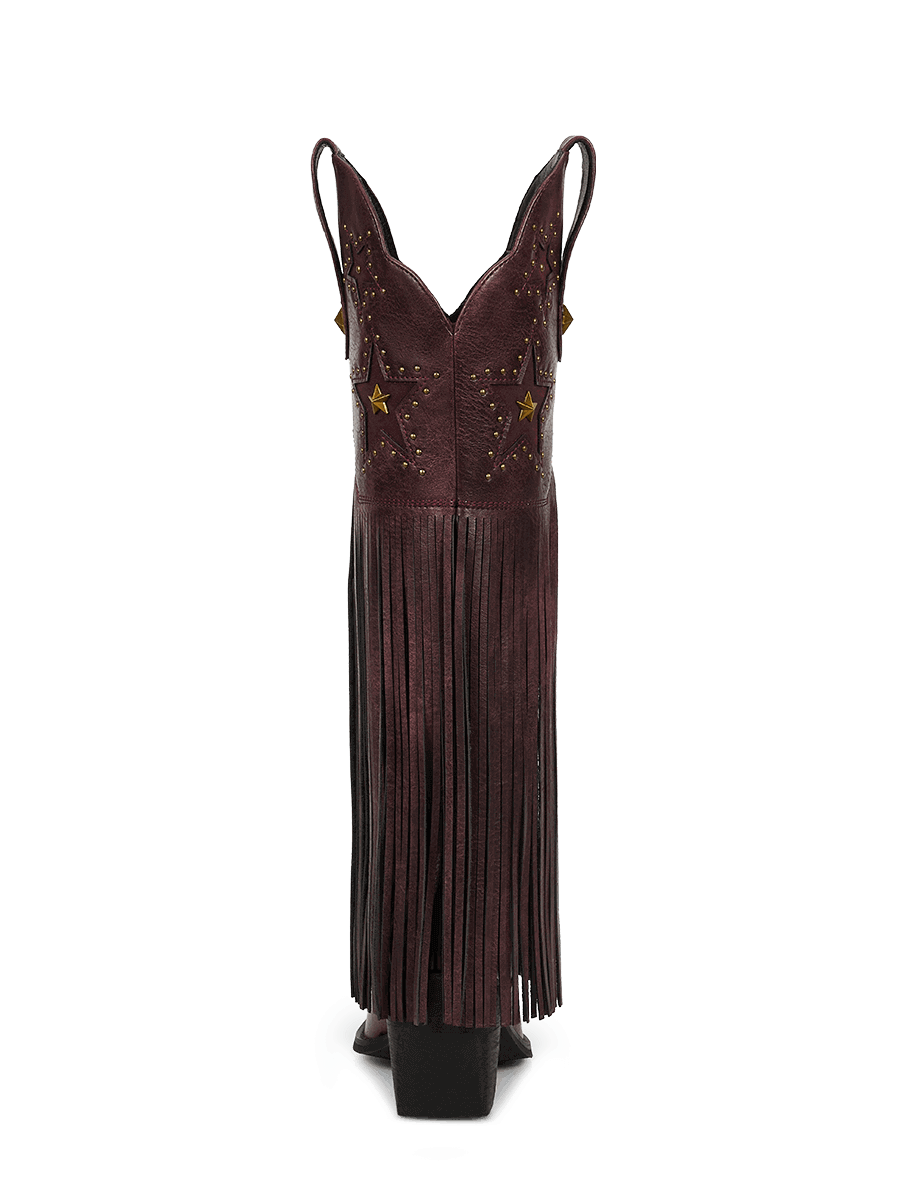 Burgundy-star-studs-fringes-mid-heel-western-boots