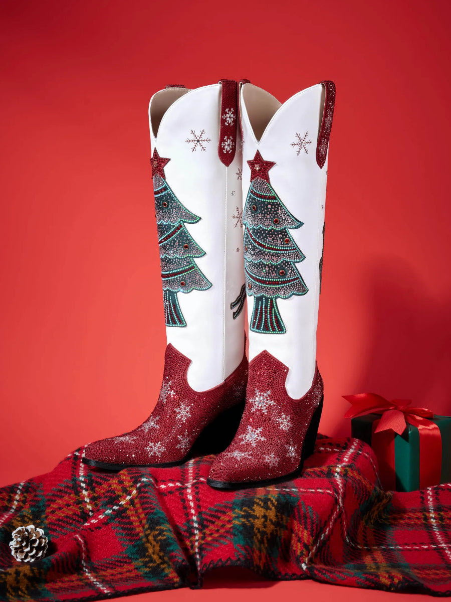 Red And White Christmas Tree Rhinestone Cowgirl Boots | WETKISS BOOTS