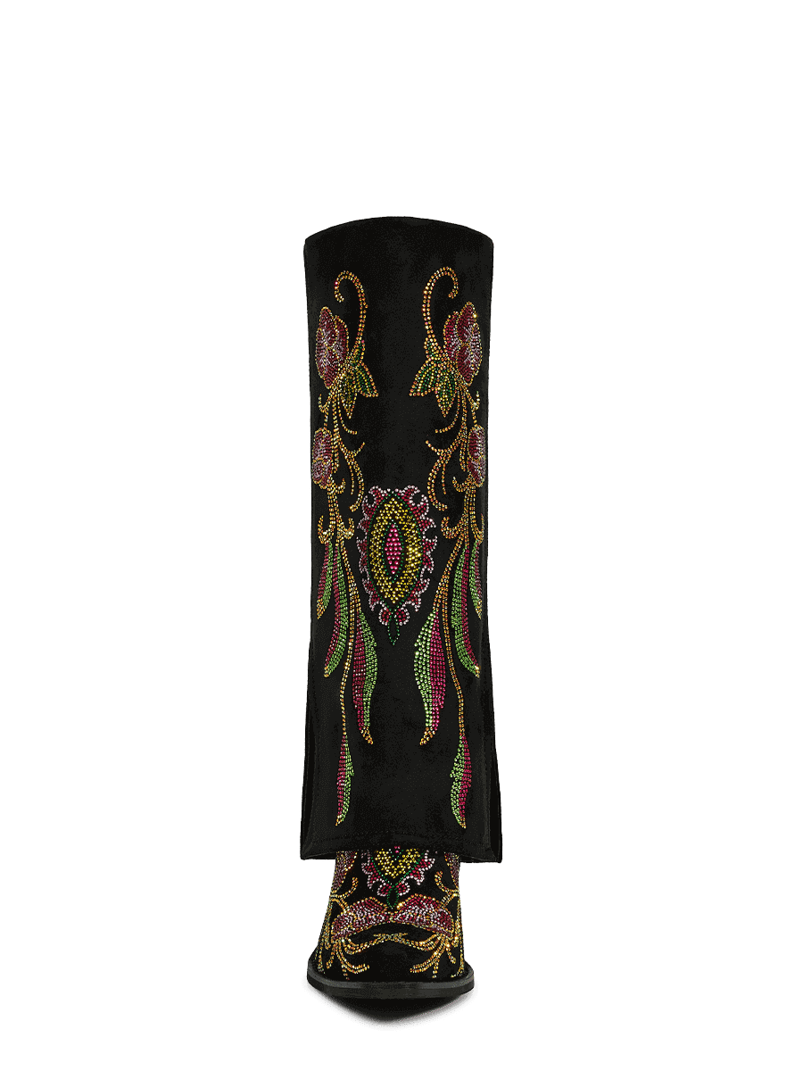 Colorful-rhinestone-flowers-fold-over-knee-high-black-boots