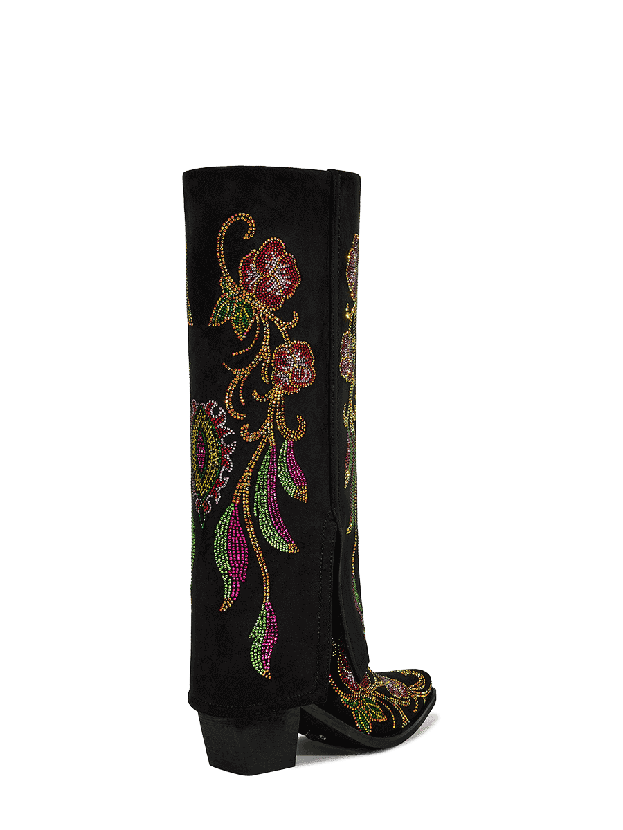 Colorful-rhinestone-flowers-fold-over-mid-heel-black-boots