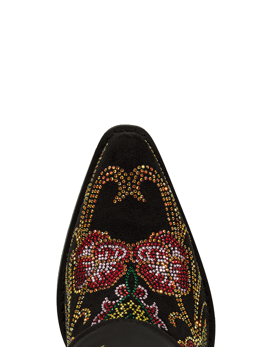 Colorful-rhinestone-flowers-fold-over-pointy-black-boots