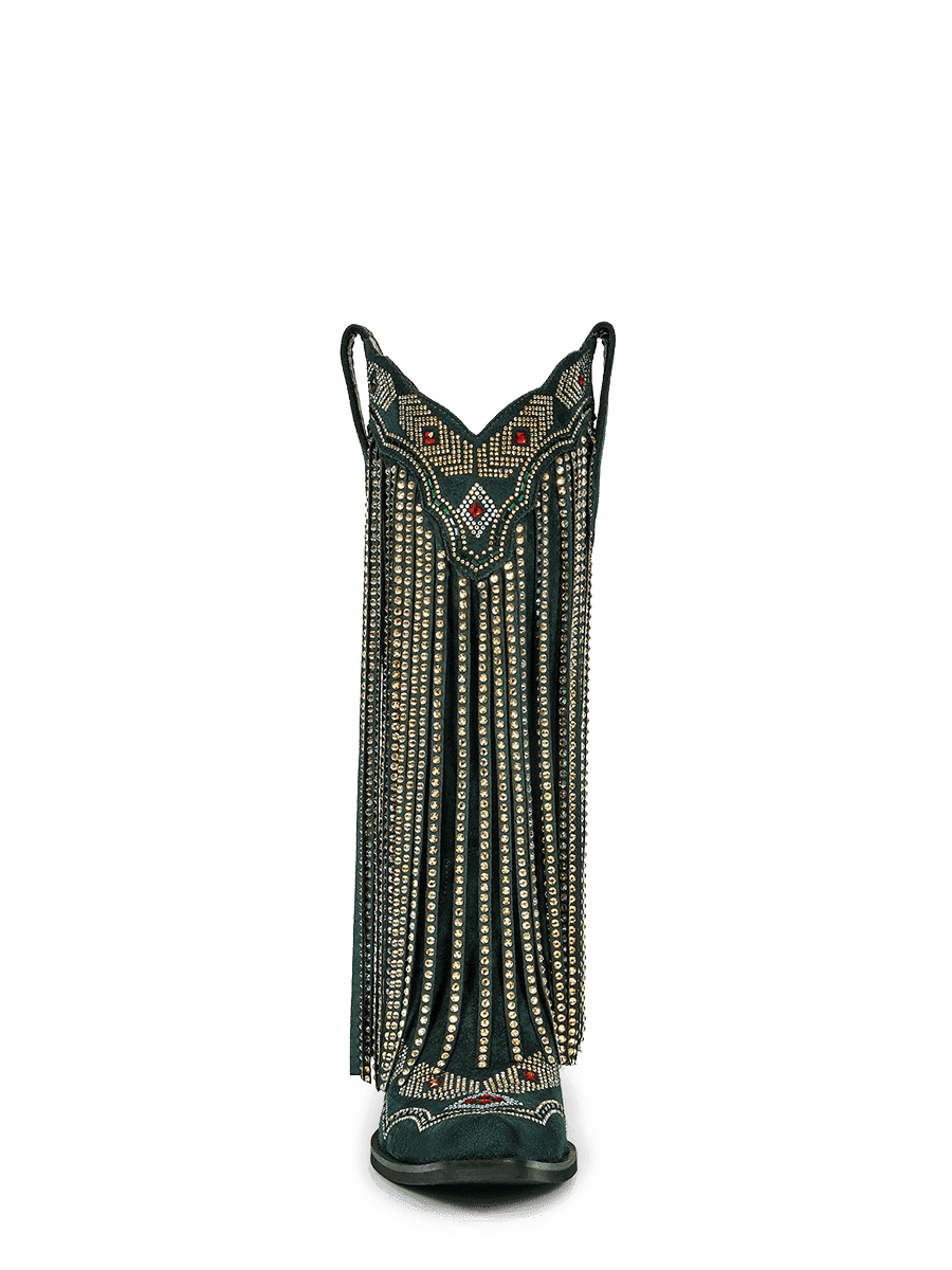 Dark-green-rhinestone-tassel-knee-high-western-boots