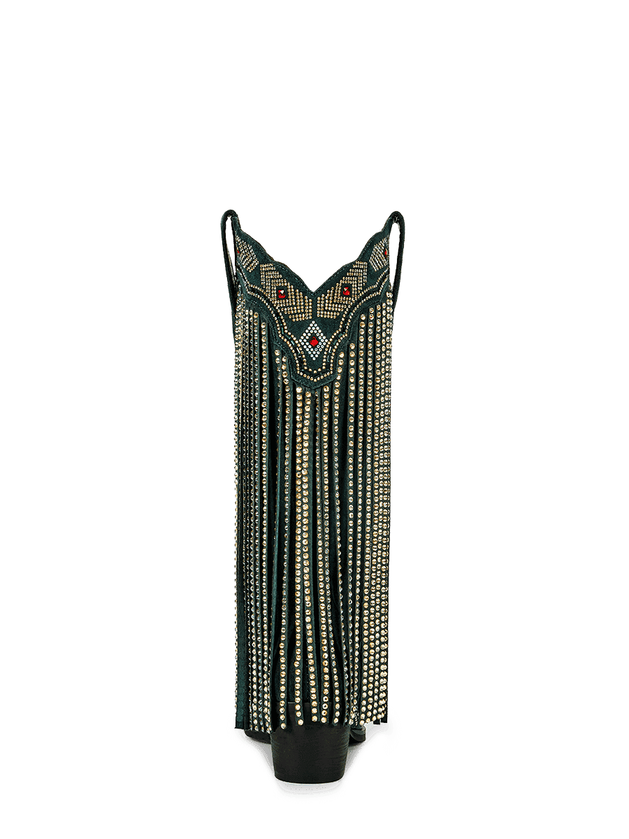 Dark-green-rhinestone-tassel-mid-heel-western-boots