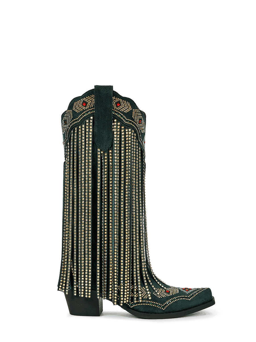 Dark-green-rhinestone-tassel-pull-on-western-boots