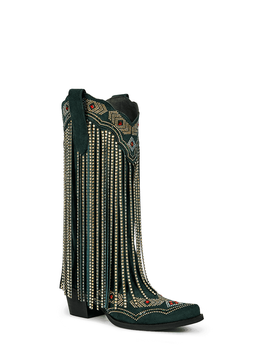 Dark-green-rhinestone-tassel-western-boots