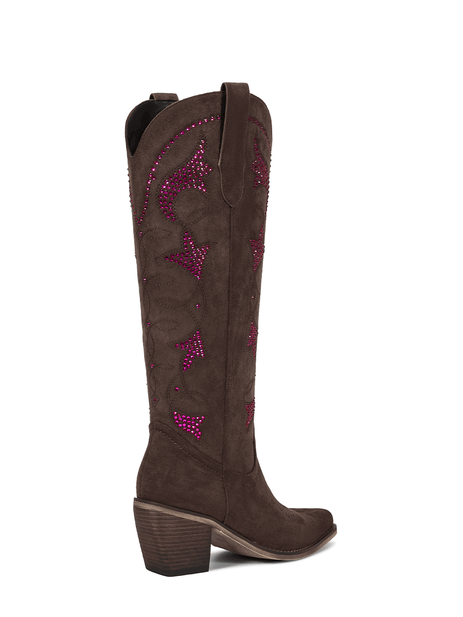 Fluorescent-rhinestones-dark-brown-cowgirl-mid-heel-boots