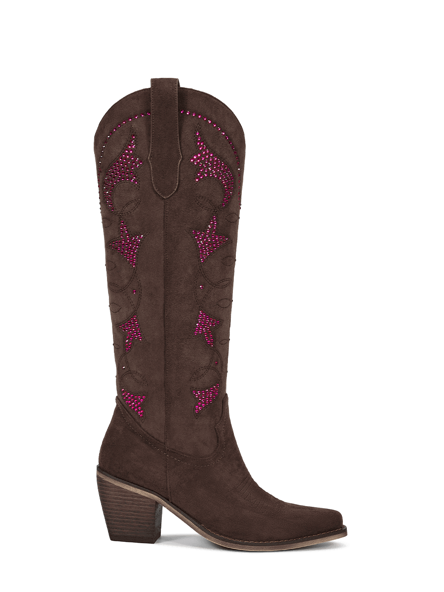 Fluorescent-rhinestones-dark-brown-cowgirl-side-zipper-boots