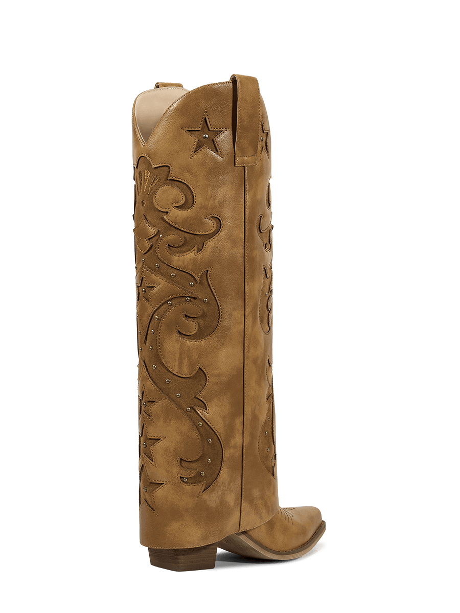 Fold-over-star-retro-carving-mid-heel-western-boots