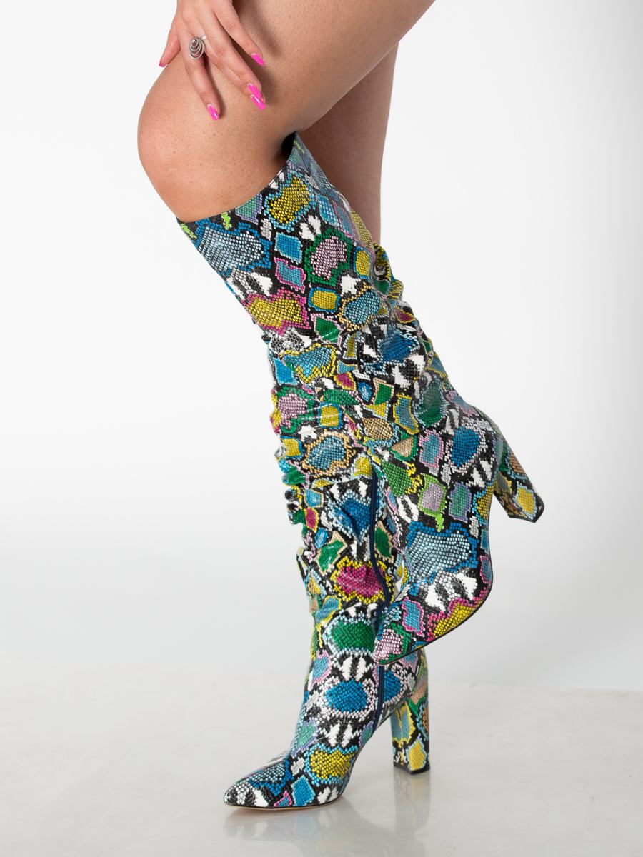 Colorful Pleated Snakeskin Knee High Boots