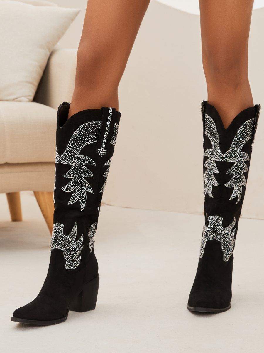 Wetkiss Black Rhinestone Cowboy Boots - JX015 - Front