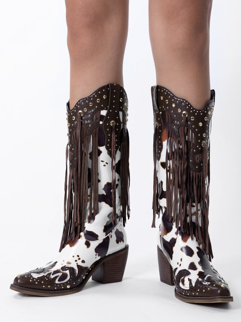 Cow Print Pointed Toe Cowgirl Boots