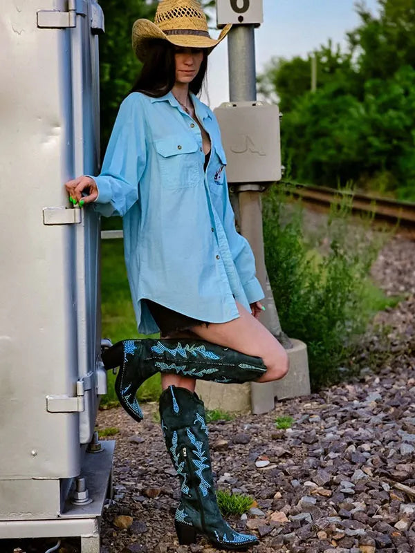 Wetkiss_Women's_green_rhinestone_knee-high_western_boots
