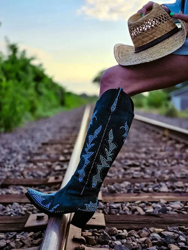 Wetkiss_Women's_green_rhinestone_knee-high_western_boots