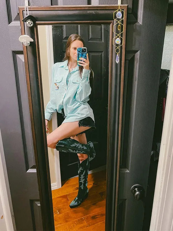 Wetkiss_Women's_green_rhinestone_knee-high_western_boots