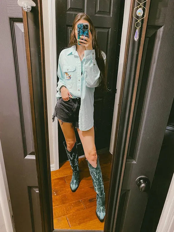 Wetkiss_Women's_green_rhinestone_knee-high_western_boots