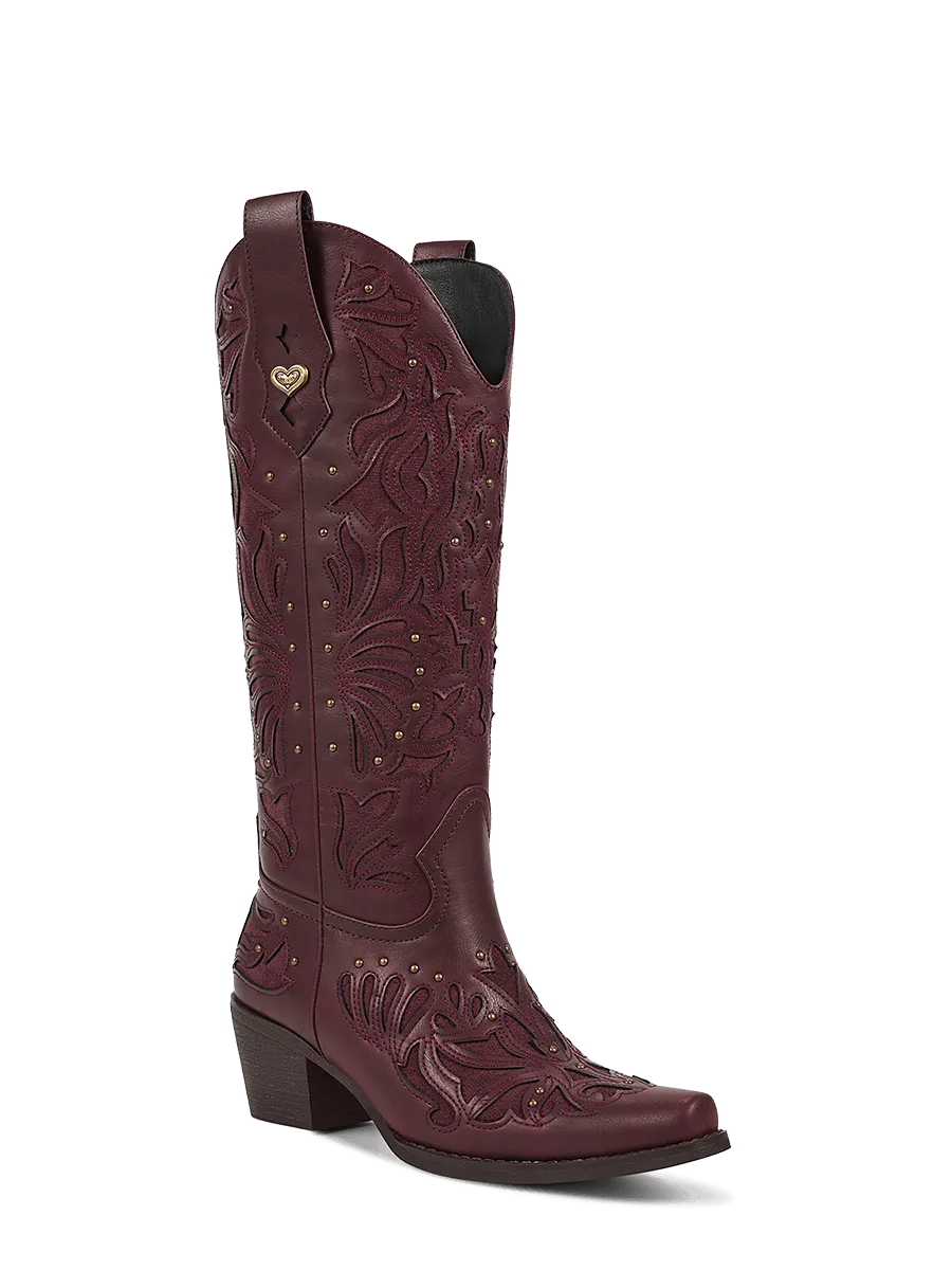 Burgundy Studded Knee High Ladies Western Boots WETKISS