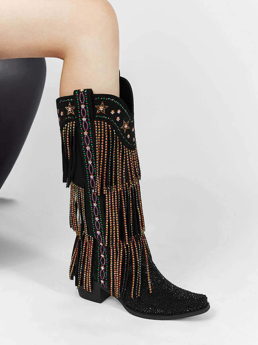 Matte-black-fringe-snip-toe-cowgirl-boots