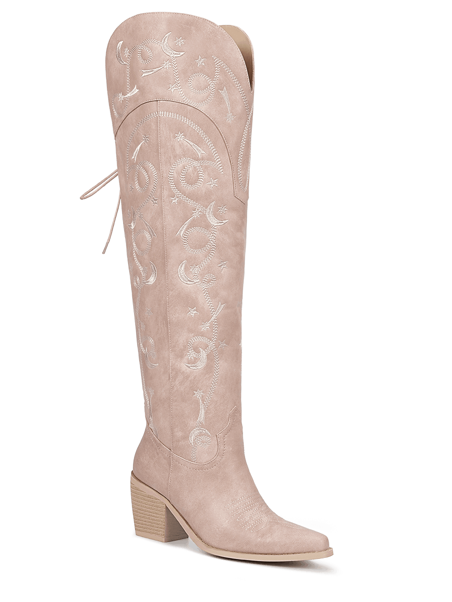 Muted Pink Embroidered Starry Thigh High Boots WETKISS BOOTS