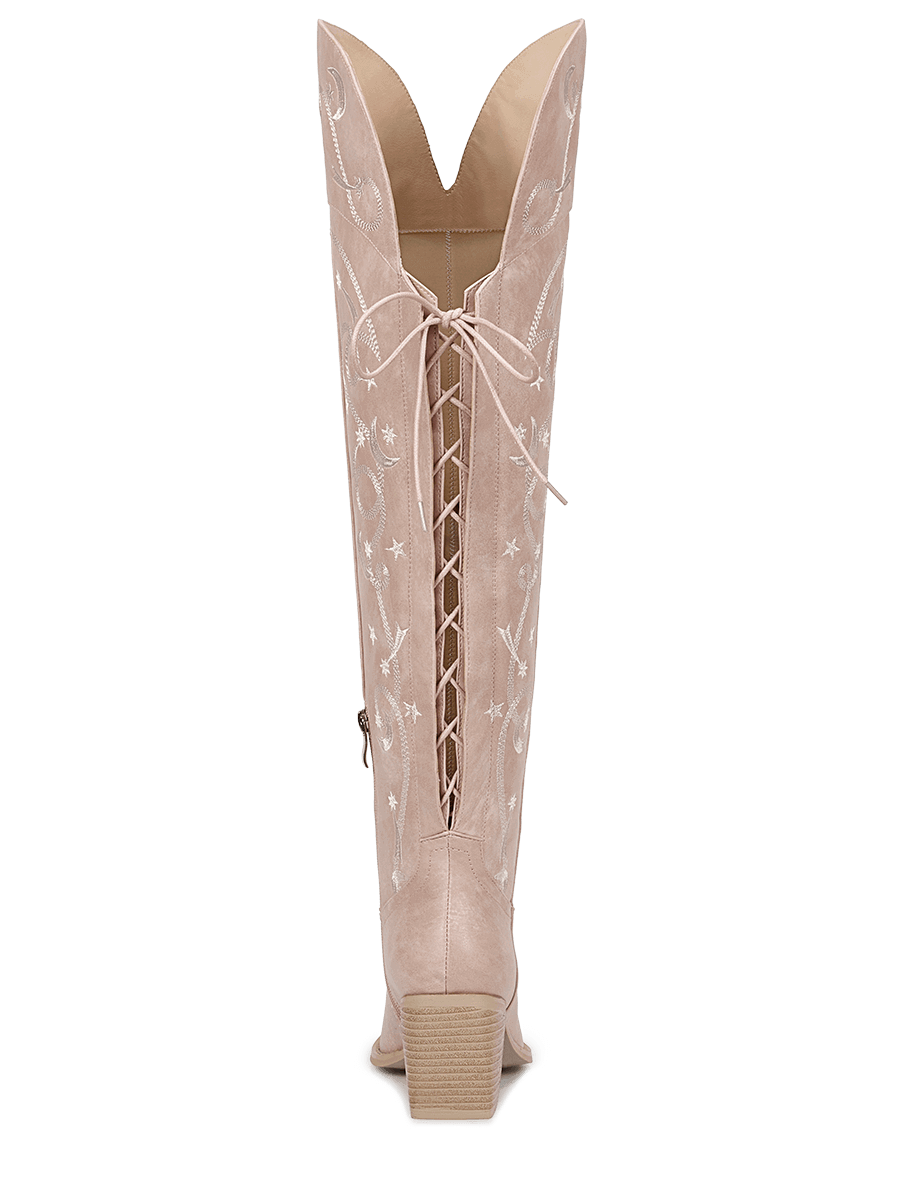 Muted-pink-embroidered-starry-thigh-high-mid-heel-boots