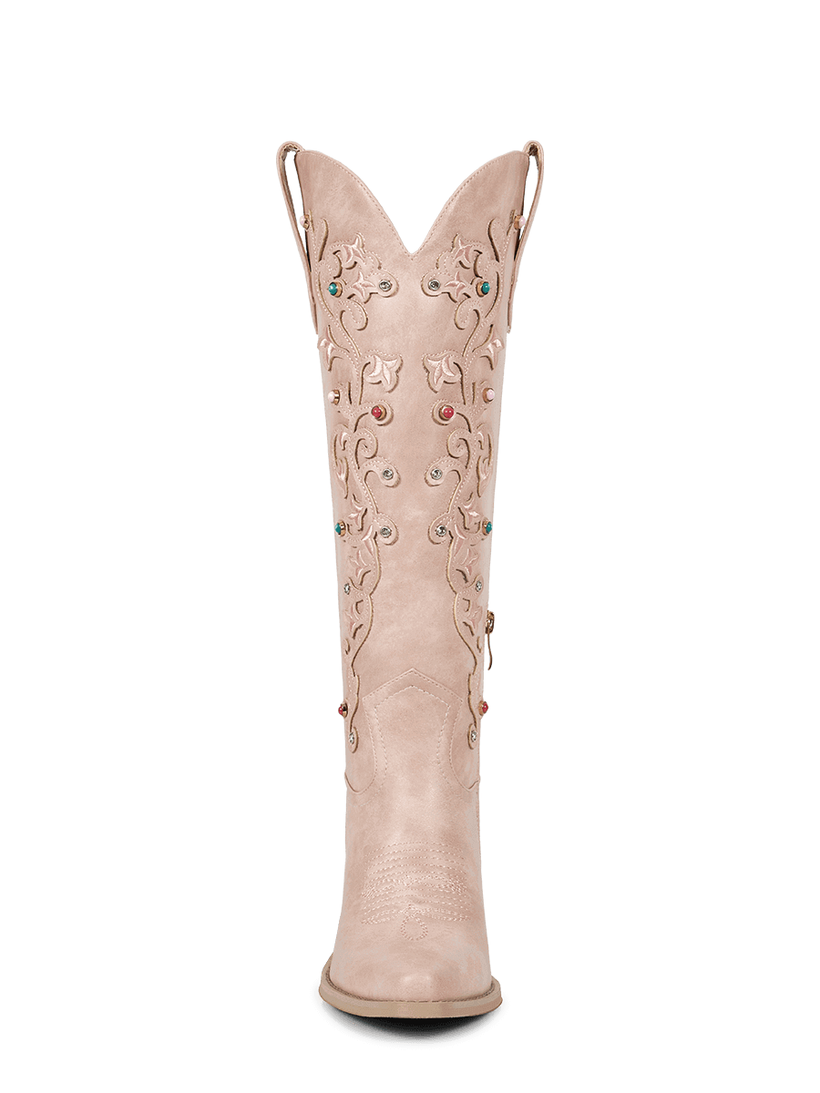 Muted-pink-floral-inlay-gemstone-knee-high-cowgirl-boots