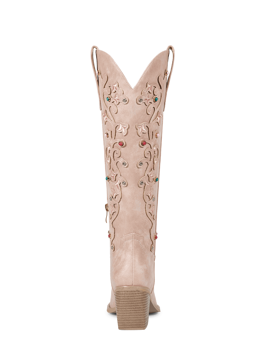 Muted-pink-floral-inlay-gemstone-mid-heel-cowgirl-boots