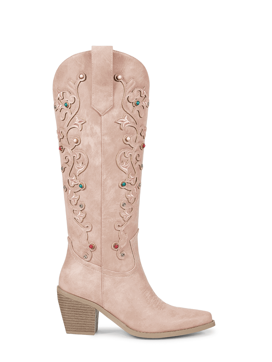 Muted-pink-floral-inlay-gemstone-side-zipper-cowgirl-boots