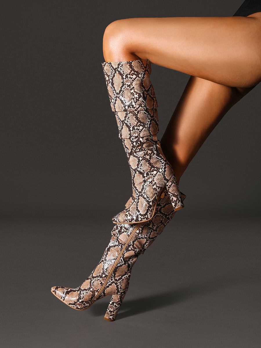 Pleated Snakeskin Knee High Boots