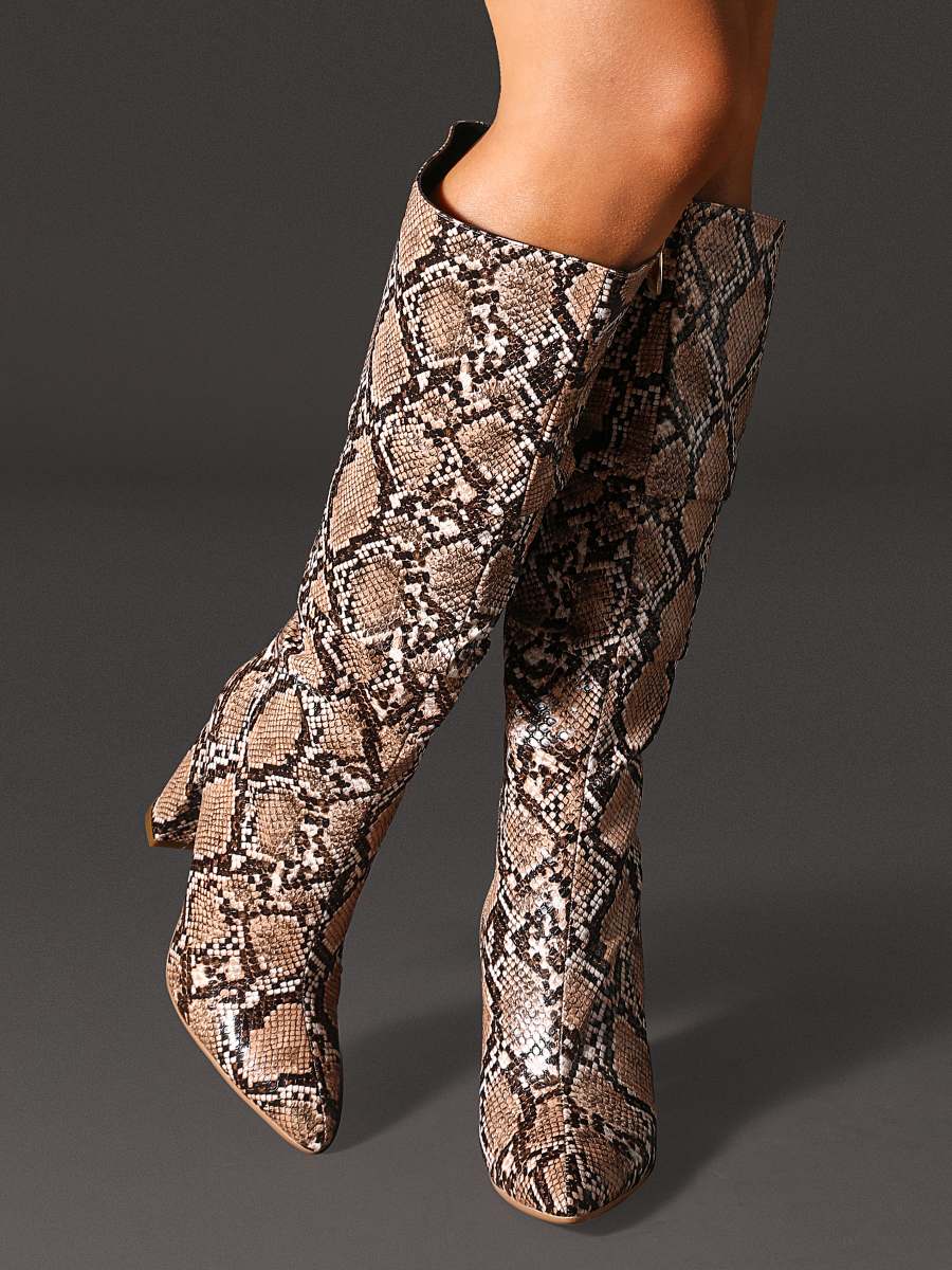 Pleated Snakeskin Knee High Boots